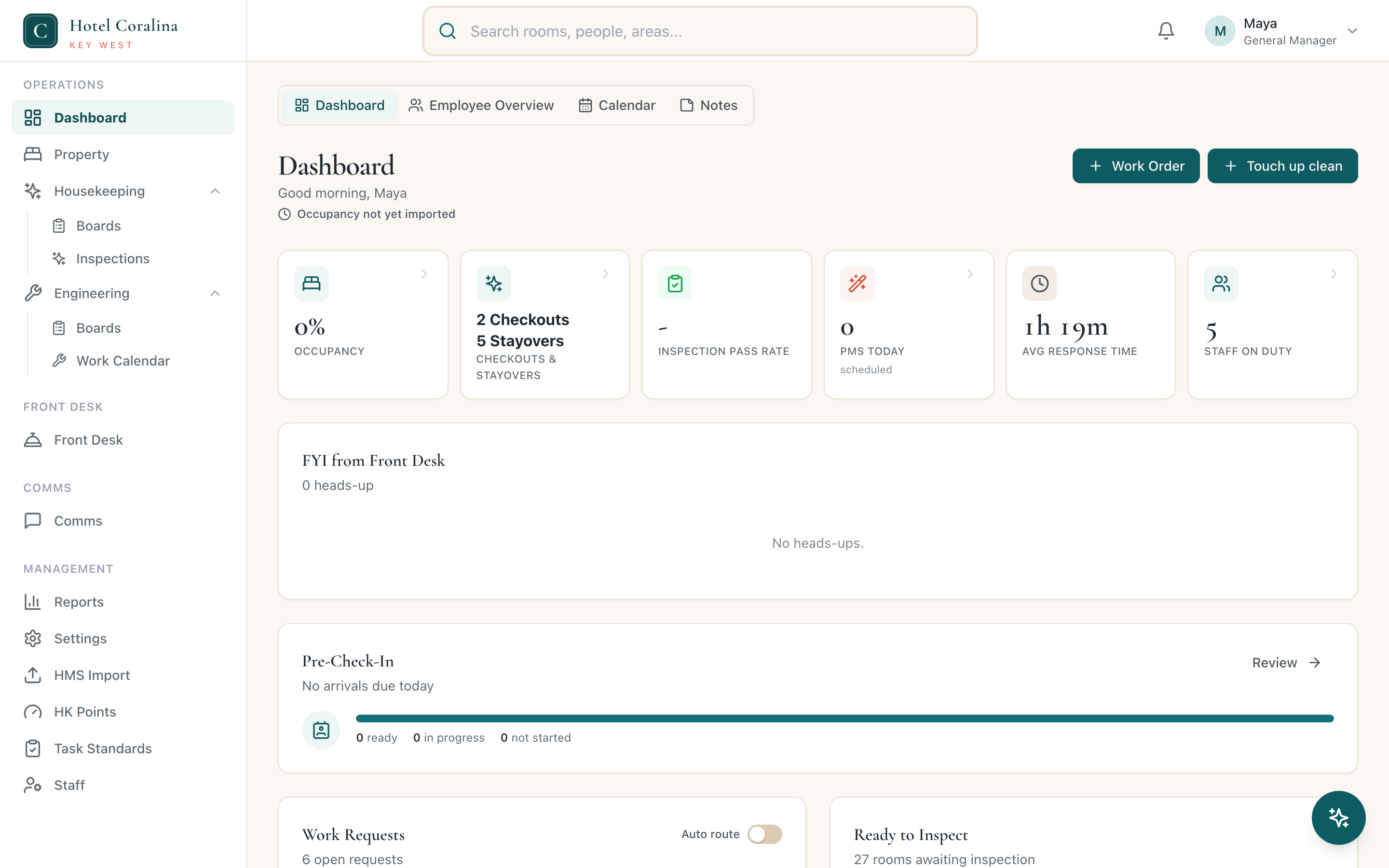 The GM command center: occupancy, response time, and the work requests that need a decision