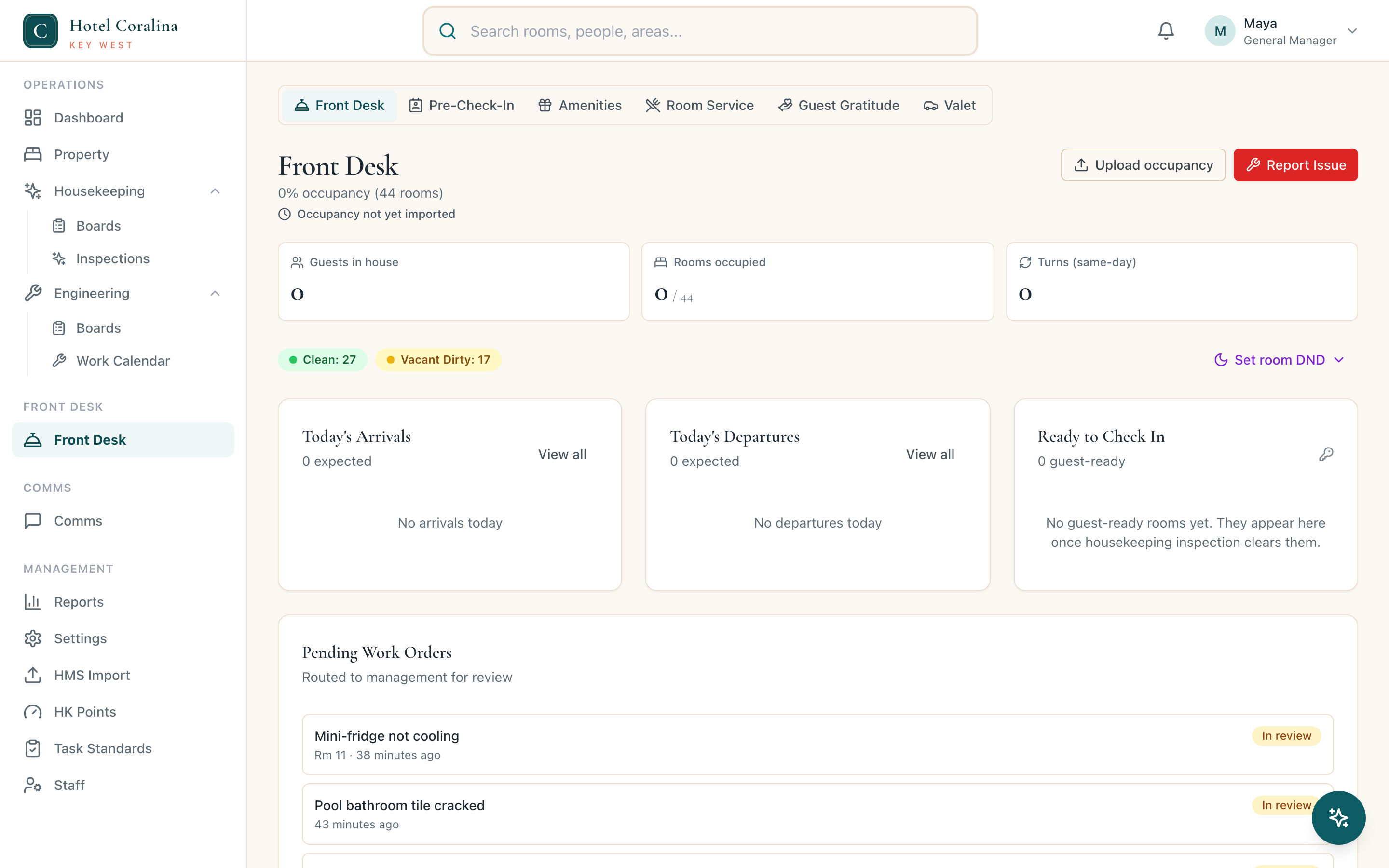 The front desk: arrivals, guest requests, and the operator thread